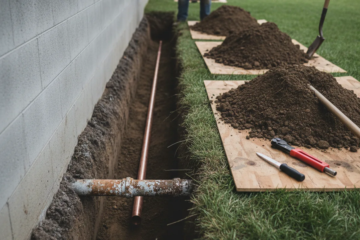 Excavated water line trench during Water Softener Installation in Fleming